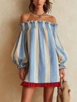 Ondine | Mini Robe Rayée Bleu et Blanc à Épaules Dénudées et Ourlet Contrasté