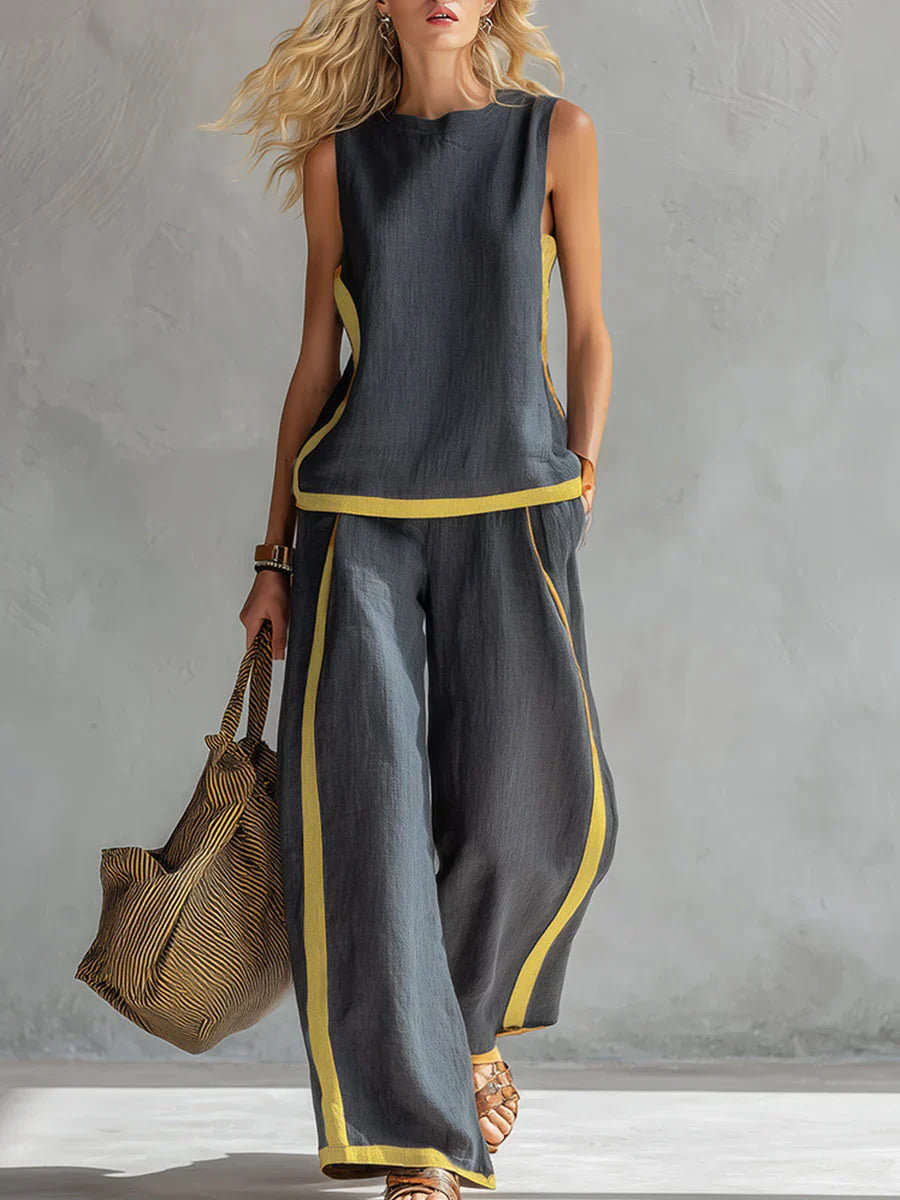 Ursula™ | Ensemble gilet et pantalon chic-décontracté aux finitions bicolores