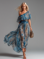 Sauvage | Robe longue en mousseline à imprimé léopard et épaules dénudées