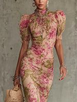Florette | Robe maxi romantique à imprimé roses vintage et manches bouffantes