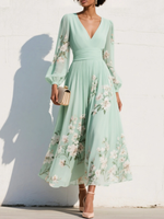 Susane | Robe maxi plissée en mousseline vert menthe à imprimé fleuri pour femme