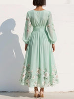 Susane | Robe maxi plissée en mousseline vert menthe à imprimé fleuri pour femme