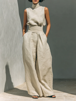 Aurora | Ensemble deux pièces beige en lin avec haut sans manches et pantalon large