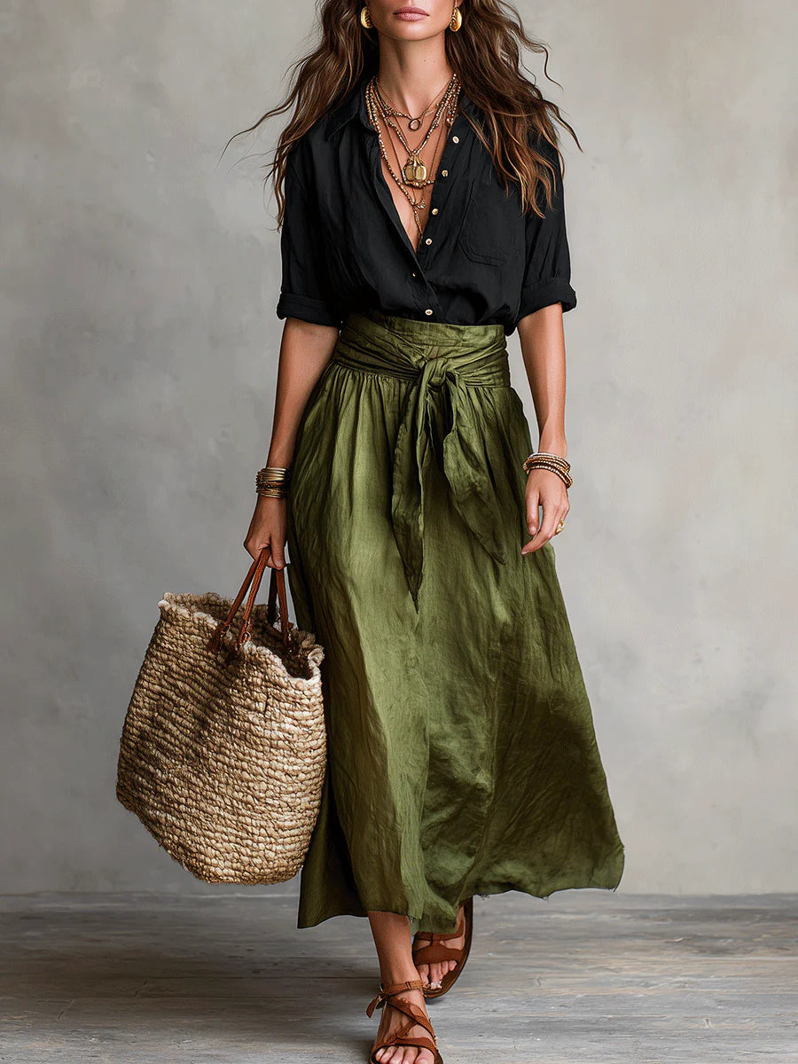 Jade | Ensemble Deux Pièces : Top Noir et Jupe Midi