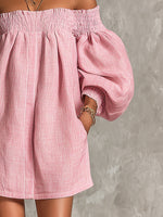Violette | Robe Mini Trapèze Rose à Manches Lanterne et Épaules Dénudées