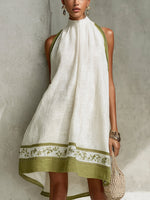 Agathe | Robe Mini Trapèze Sans Manches Blanche et Vert Olive à Fleurs