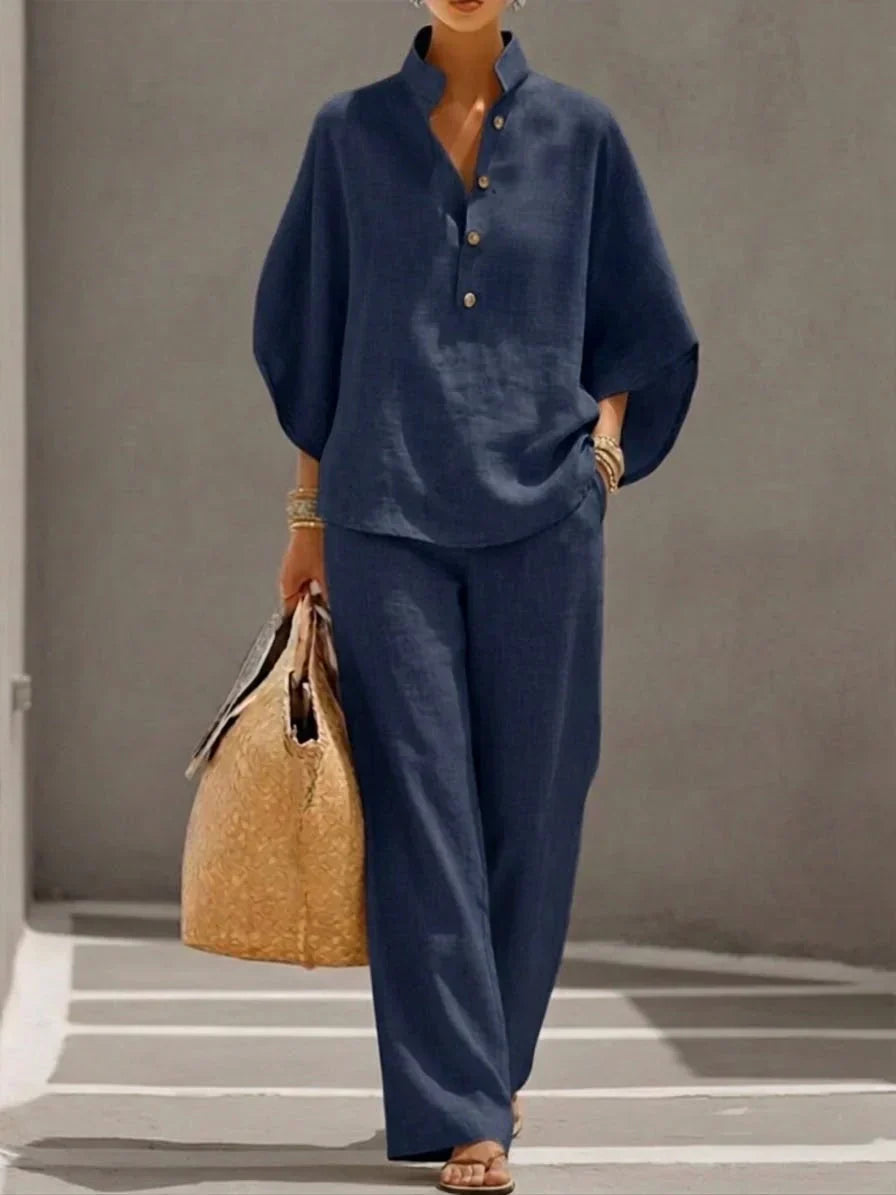 Océane | Ensemble en lin avec manches chauve-souris et pantalon large