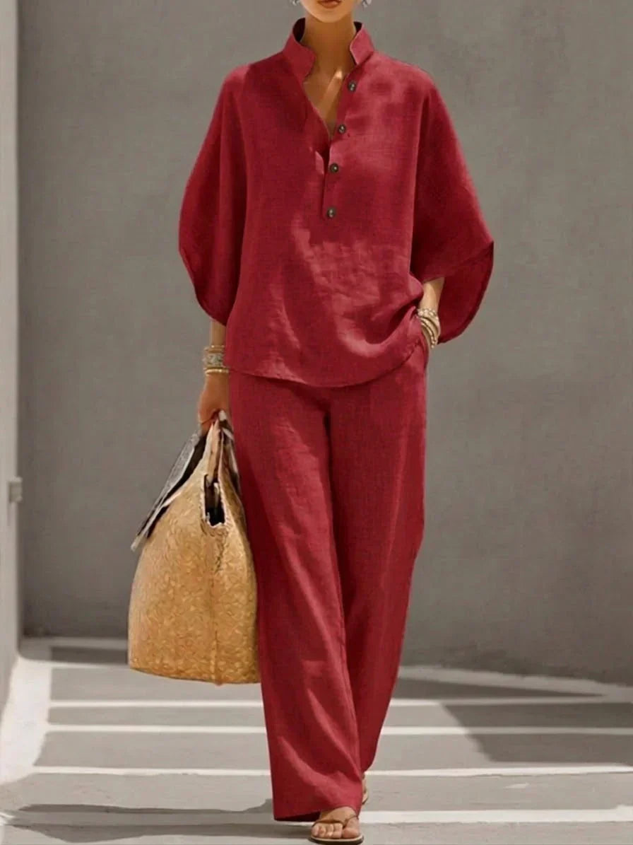 Océane | Ensemble en lin avec manches chauve-souris et pantalon large
